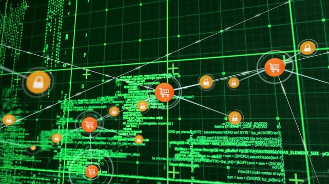 Orange dot morphing into shopping-cart node, spawning padlock nodes and mapping e-commerce security
