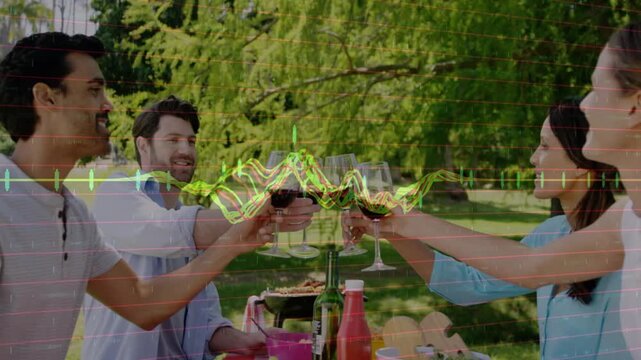 Waveform pulse starting, four friends raising wine glasses toward center, clinking and toasting joy