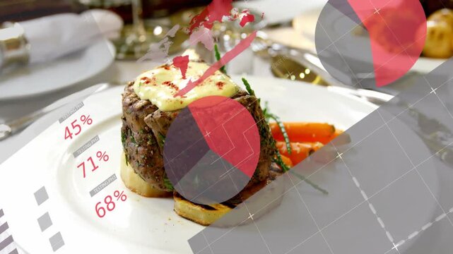 Seared beef fillet resting on potato coin in dining, overlays sliding from left showing % doneness