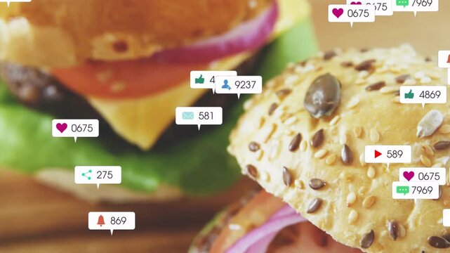 Ping causing seeded burger staying center while social icons popping, grouping, fading to show buzz