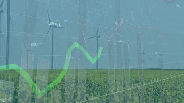 Frames starting finance chart overlaying turbines, green line rising, visualizing investment