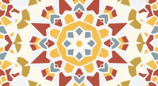 A colorful radial mosaic of hexagons, triangles, and trapezoids forming a star-like central motif in yellow, red, blue-gray, and white, arranged with precise symmetry.