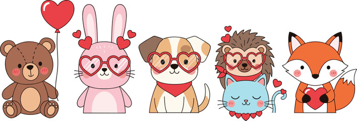 Obraz premium Adorable Valentine’s Day Animals Collection with Bears, Bunnies, Cats, and Foxes in Heart-Shaped Glasses