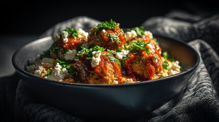Fototapeta premium A protein-packed cottage cheese bowl with turkey meatballs and marinara drizzle is presented on a dark charcoal surface with dramatic side lighting