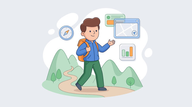 Hiker walking by mountains with visible app icons. Suitable for technology or outdoor adventure concepts in digital media.