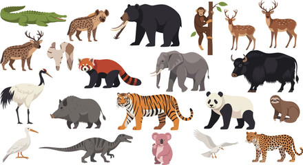 Obraz premium Wild Animal Vector Collection with Tiger Panda Elephant Bear Crocodile Hyena Yak Deer Monkey Leopard and Diverse Wildlife in Flat Illustration Style.