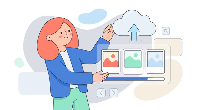 Woman uploads photos to the cloud with a progress bar. Suitable for technology or cloud storage concepts in presentations or articles.