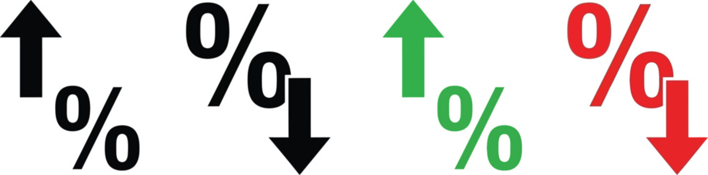 Percentage sign vector illustration set featuring financial icons with upward and downward arrows for business analysis and economic data growth