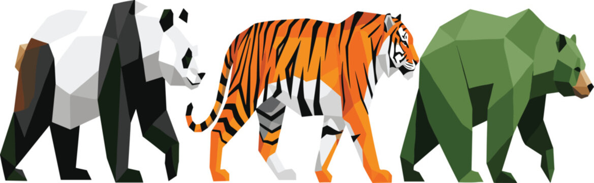 Low Poly Wild Animals Vector Illustration with Gorilla Panda Tiger and Bear in Geometric Polygon Style for Modern Wildlife Design.
