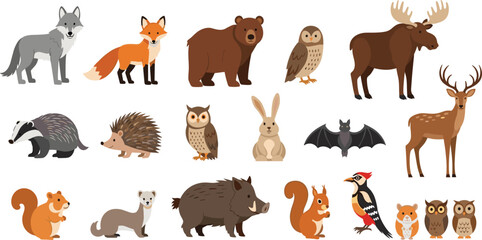 Forest Animals Vector Set with Wolf Fox Bear Owl Moose Deer Badger Hedgehog Rabbit Bat Boar Squirrel and Woodland Wildlife in Flat Style. © MstSuborna
