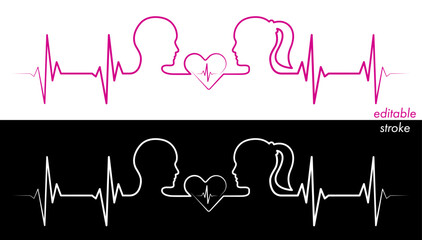 Fototapeta premium Editable stroke line love couple, man, woman head, line art vector. Heart rhythm ekg vector design to use for love, healthy lifestyle, emotion, romance concept illustration projects. 