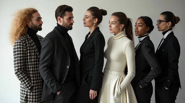 Diverse group of confident business professionals, men and women, wearing formal suits and fashion elegant attire, standing in row against plain white background, symbolizing teamwork and diversity