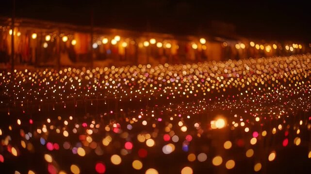 An out-of-focus night scene with rows of bokeh lights in warm hues