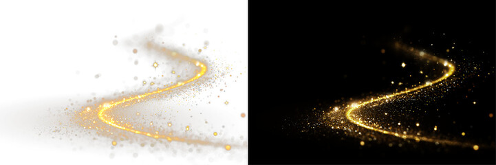 Golden curved light line sparkling magic dust wave glitter particles transparent background PNG © ALEXA