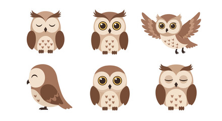 Obraz premium Adorable Cartoon Owls in Various Expressive Poses Illustration Set.