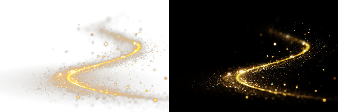 Golden curved light line sparkling magic dust wave glitter particles transparent background PNG