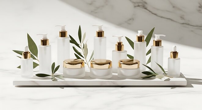 Skincare products with green leaves.