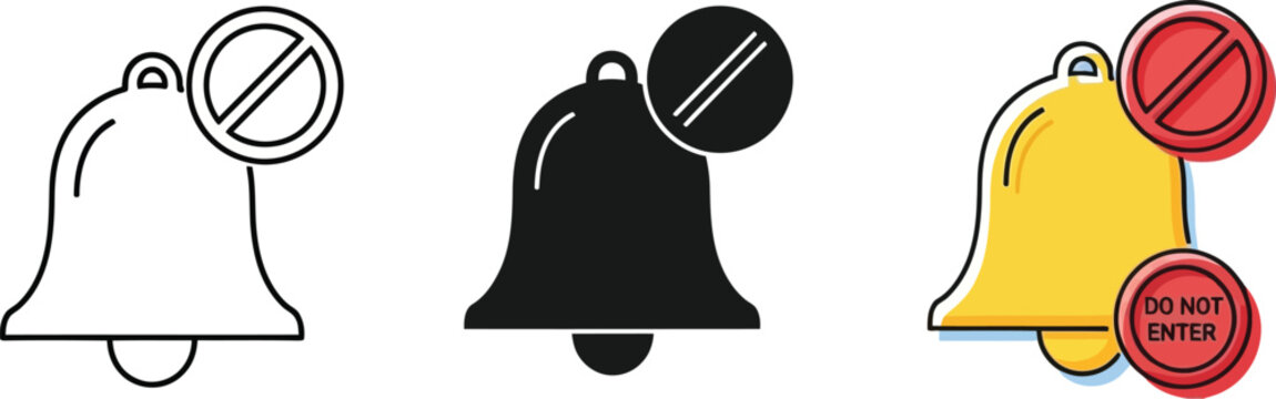 Notification off bell icon vector illustration graphic design set showing silent alerts, unavailable updates, and blocked messages for user interface.