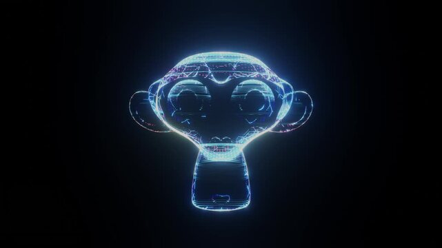 Glowing digital monkey head pulses softly against black