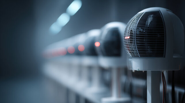 Row of industrial fans with red indicator lights in dimly lit facility. Multiple white industrial fans arranged in line, each with small red light indicating operation in dark, atmospheric setting