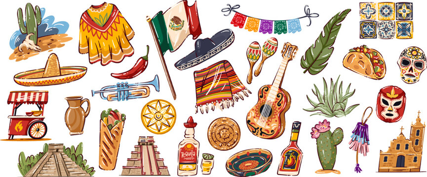 Travel to Mexico icon set with sombrero, taco, cactus, guitar, tequila, pyramid and folk decor. Colorful travel to Mexico collection in drawn simple modern style, vector illustration