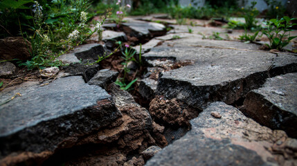 Obraz premium Cracked broken concrete cement wall, effected with earthquake, The ground was affected by the impact.