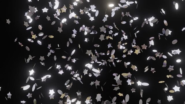 Sparkling confetti swirls against a deep black background