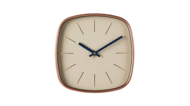 Minimalist square wall clock with a copper frame, beige face, and dark blue hour and minute hands isolated on a transparent background