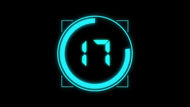 Digital circle countdown timer 22 seconds real time animation from 22 to 0 seconds. simple countdown timer video on black background. 4k motion video.