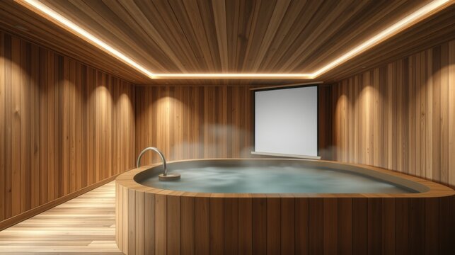 Warm interior features wooden walls, ceiling. Round jacuzzi emits steam, illuminated by soft lights. Blank screen visible. Relaxing spa ambiance.