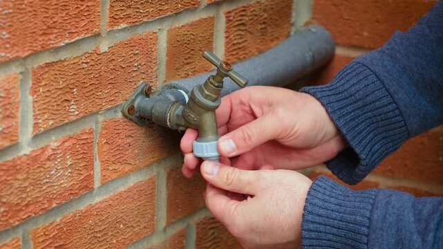 Attaching hose connector to outdoor water tap on brick wall with hands. Installing plastic adapter on garden faucet for irrigation system setup. Home plumbing task, backyard water supply connection