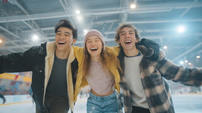 Friends enjoy a fun day of ice skating, laughter, and joy in a bustling urban rink during winter