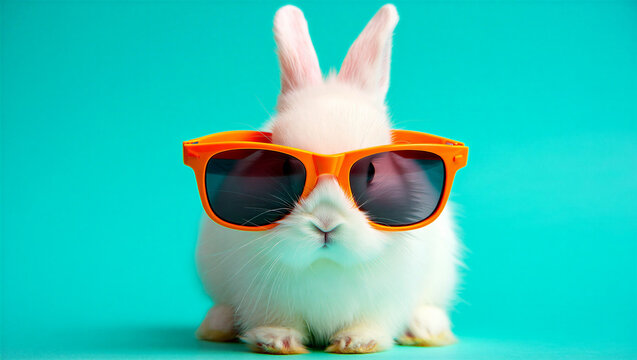 A white rabbit wearing orange sunglasses on a teal background looks directly at the camera with a cool expression.
