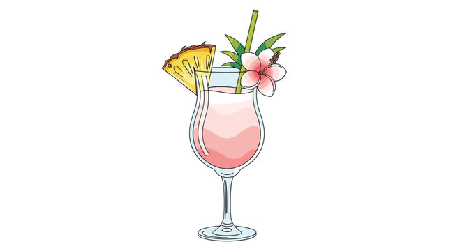 Delicious tropical pink cocktail in a glass decorated with a pineapple slice and a hibiscus flower, representing a relaxing summer vacation.
