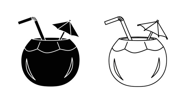 Two coconut drinks with straws and umbrellas black and white silhouette