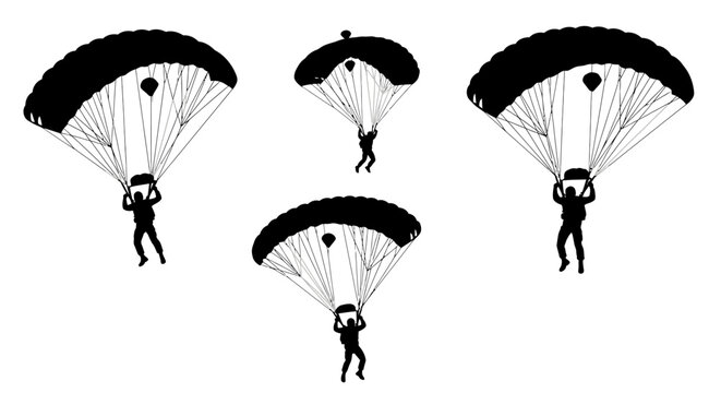 Three skydivers in descent with open parachutes a black silhouette