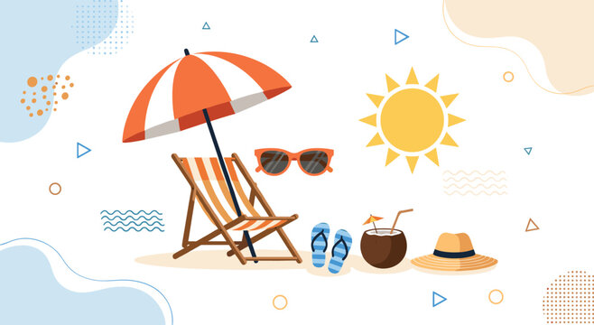 Summer vacation with beach umbrella, deck chair, sunglasses, flip-flops, straw hat, coconut drink. design for travel, tourism, holiday, and resort concepts. flat cartoon vector illustration.