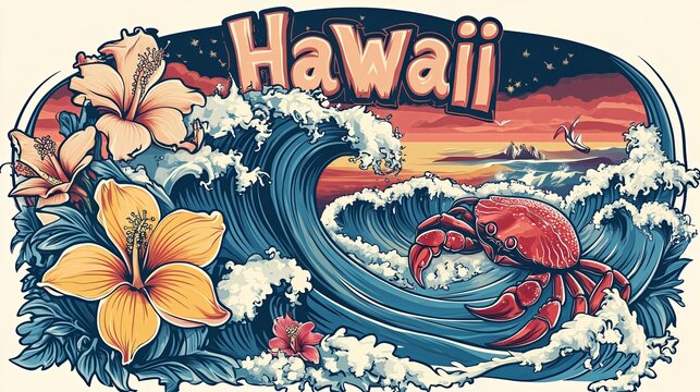 A vibrant sunset glows behind a crashing wave, hibiscus flowers, and a red crab. The lively image evokes tropical beauty, adventure, and the laid-back spirit of Hawaii.