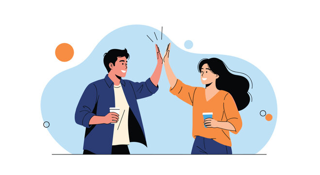 Happy young man and woman giving each other a high five while holding coffee cups, symbolizing successful teamwork and positive friendship.