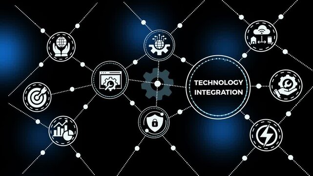 Technology integration concept with unified systems, connected digital networks, secure data exchange and modern communication infrastructure visualization.