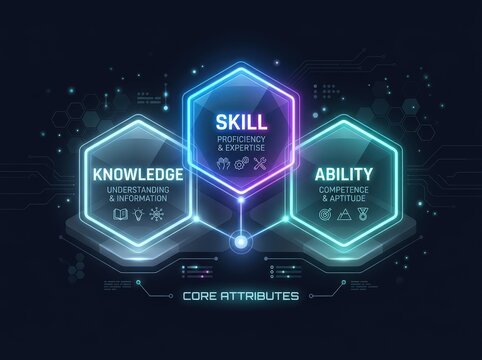 Core skill display. Depicts essential attributes with glowing icons and data center background