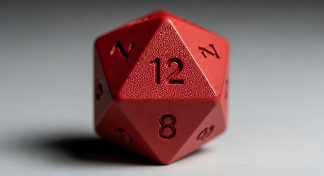 Macro photography of a red 12 sided dice sitting on a plain white surface representing chance and decision making in tabletop gaming and board games