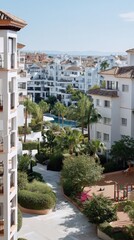 Fototapeta premium People admire the unique white buildings on the hillside, surrounded by greenery and mountains under a clear sky