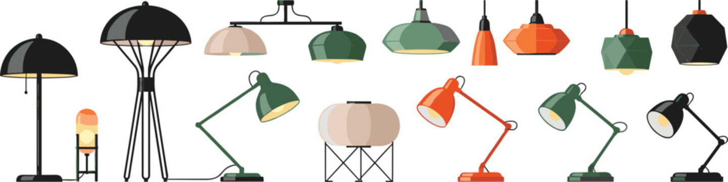 Modern Interior Lighting Vector Set Featuring Various Floor Lamps Desk Lamps And Pendant Ceiling Lights For Home Decor Office Design And Real Estate Graphic Designs In Flat Style