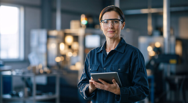 Female engineer holding digital tablet in industrial factory. Confident woman supervisor with safety glasses in manufacturing plant