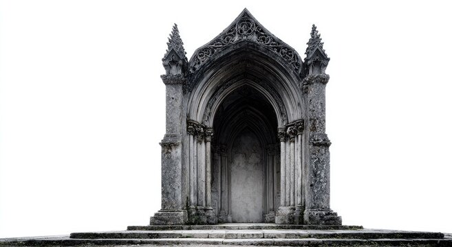 Ornate gothic stone archway entrance with carved details and steps