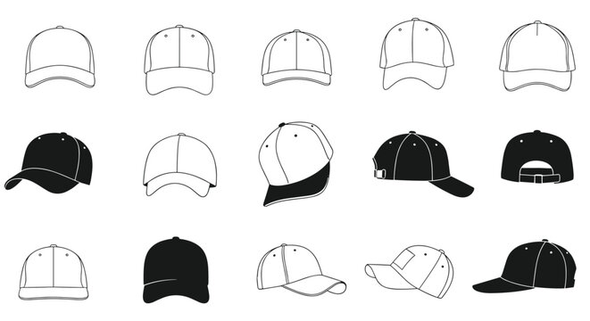 Set of baseball cap sketches shows the headwear from multiple angles and in different colors including white and black for product mockups.