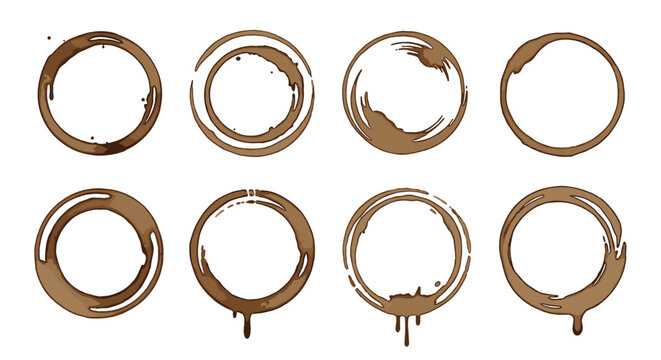 Set of brown coffee ring stains depicts the marks left by wet cups and mugs on a surface in various shapes with drips and splatters.