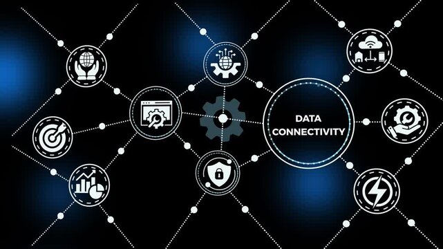 Data connectivity concept with interconnected digital nodes, real-time information flow, cloud systems and secure communication technology infrastructure design.