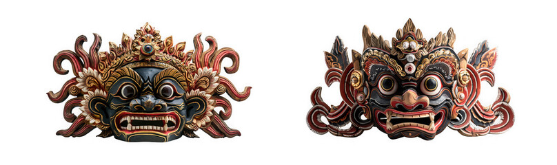 Obraz premium Two balinese barong masks with balinese traditional sculpture mythology isolated on transparent background